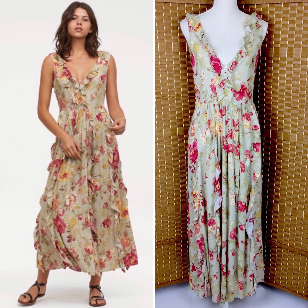 H&M Ruffled Floral V-Neck Maxi Dress Sz 8 NWT